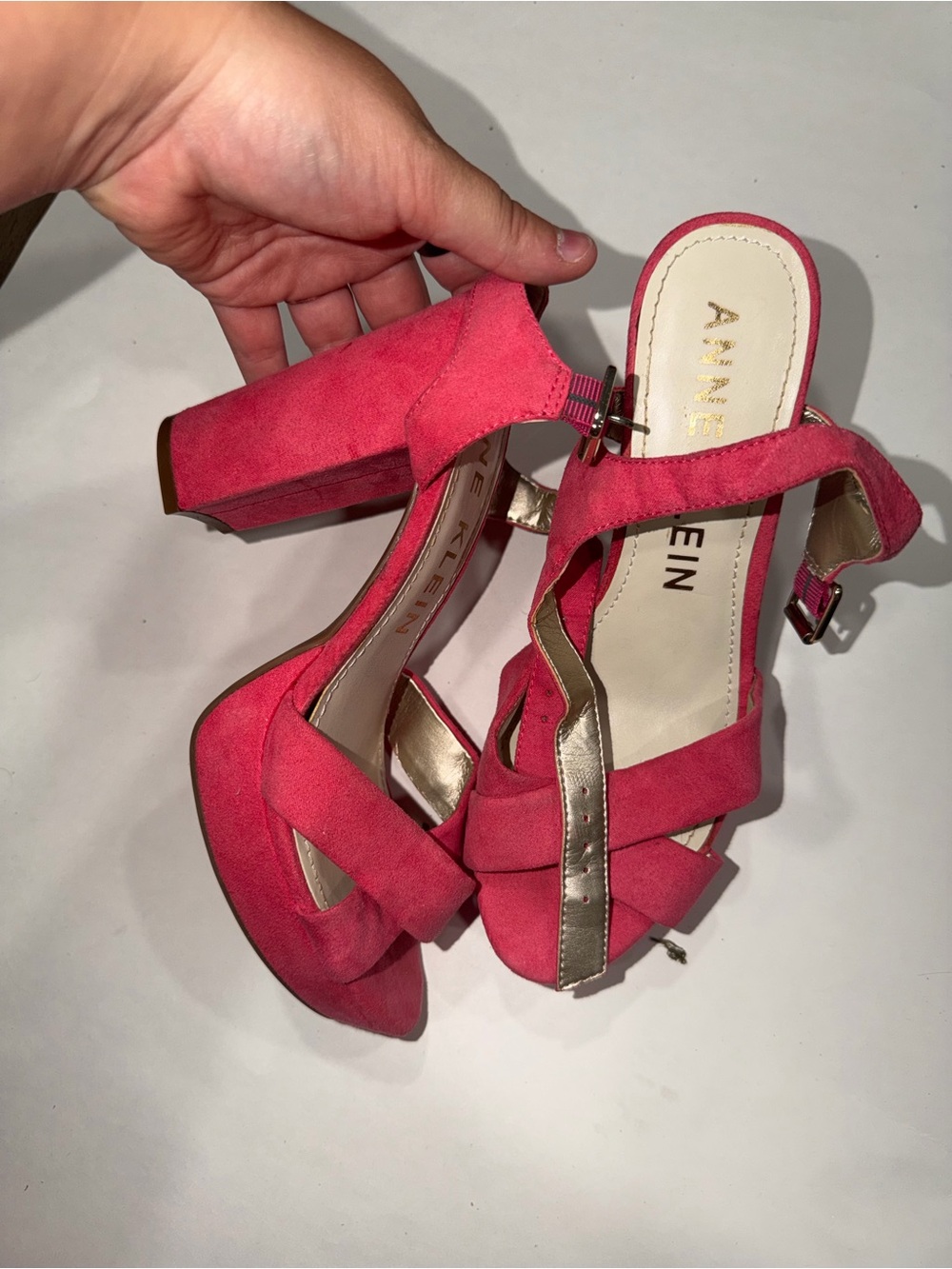 Anne Klein Hot Pink Suede Block Heel Sandals with Gold Accent